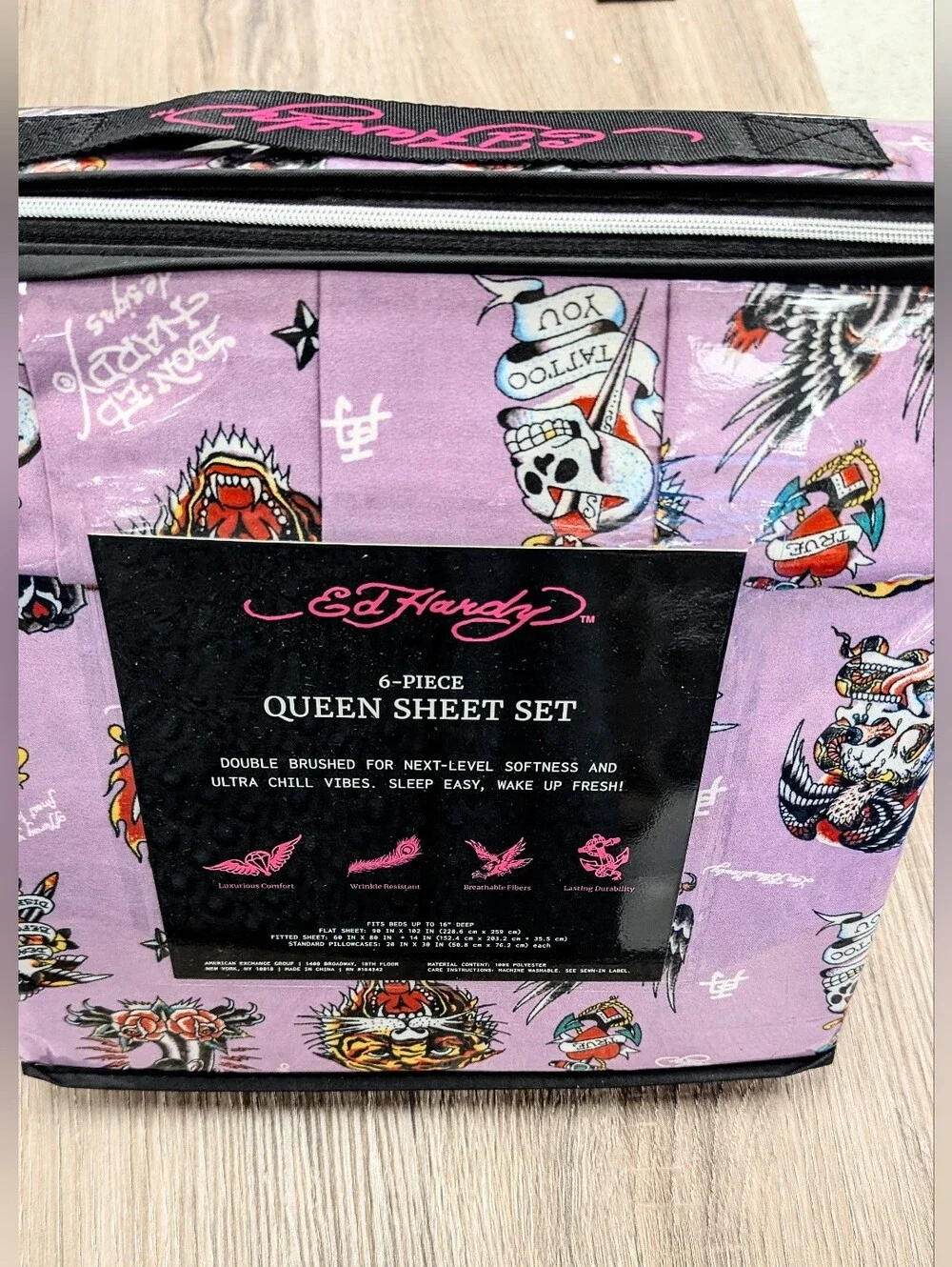 New 6pc Ed Hardy Lavender Purple Queen Sheet Set with Tattoo Art